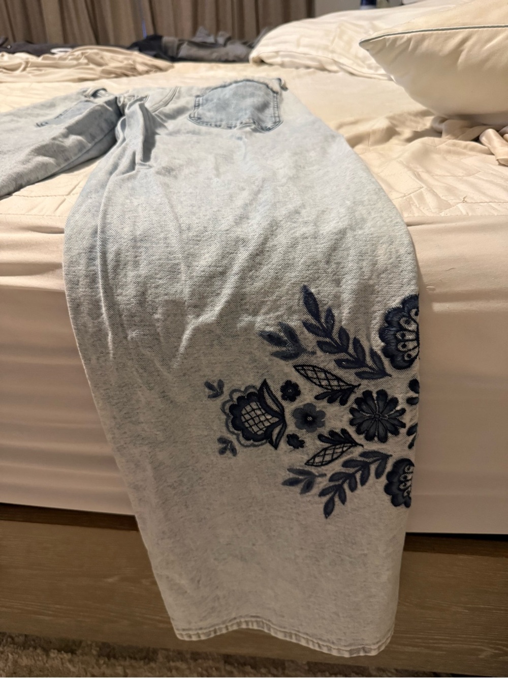 DRIFTWOOD Light Blue Wide-Leg Jeans with Navy Floral Embroidery - Picture 3 of 5